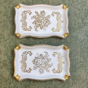 Vintage Limoges France Gold Hand Painted Floral Porcelain Ashtrays Set of 2